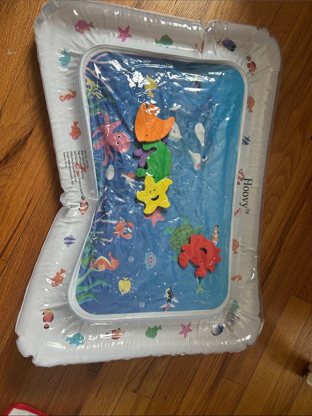 Blue Inflatable Water Play Mat for Kids with Multicolor Sea Shapes